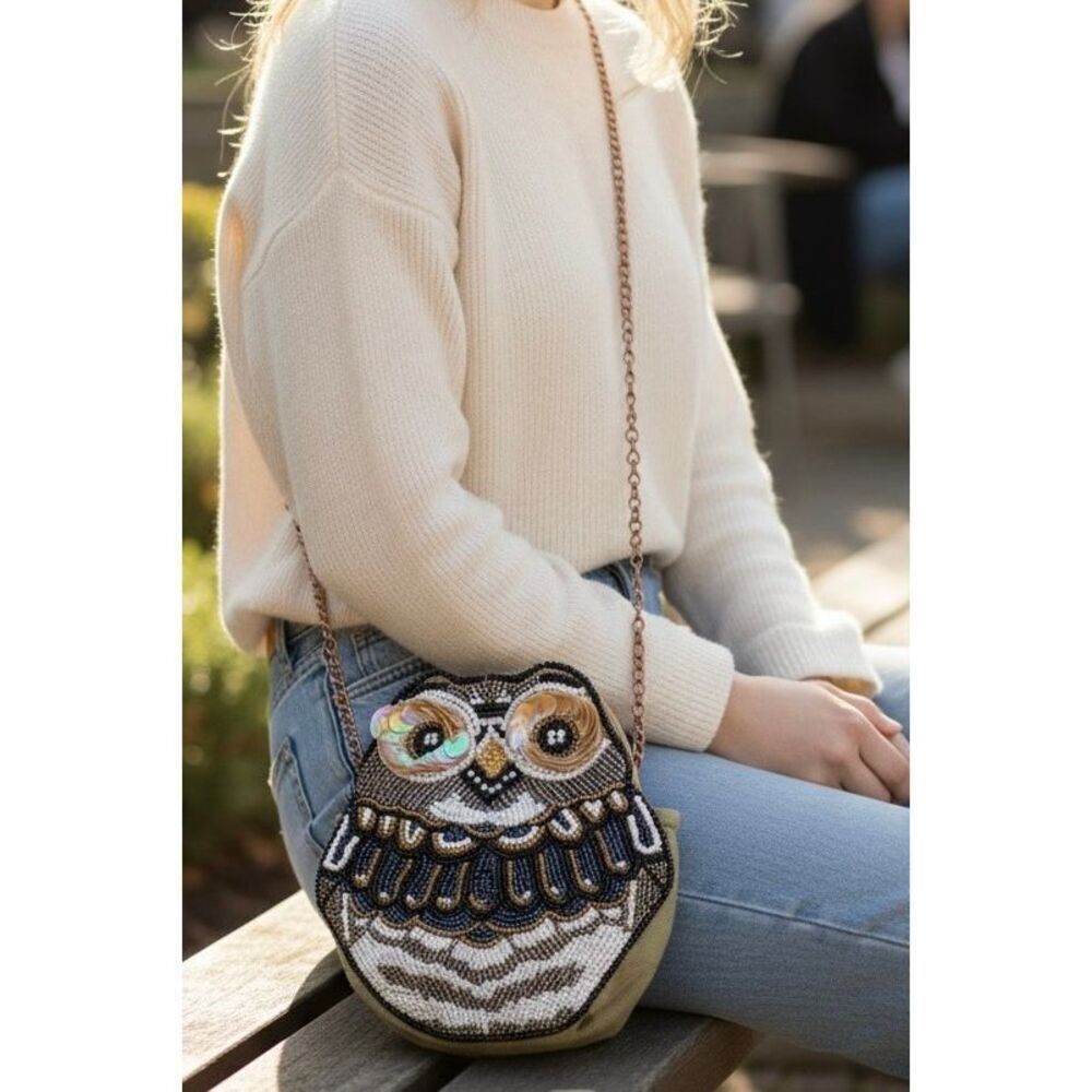 The Wow Now Beaded Owl Purse Crossbody Bag Evening Clutch Bronze Chain NWT